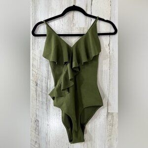 Cupshe One Piece Olive Green Swimsuit Ruffle Texture Size XS